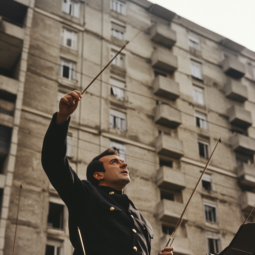 Energetic conductor leading military orchestra in front of apartment.