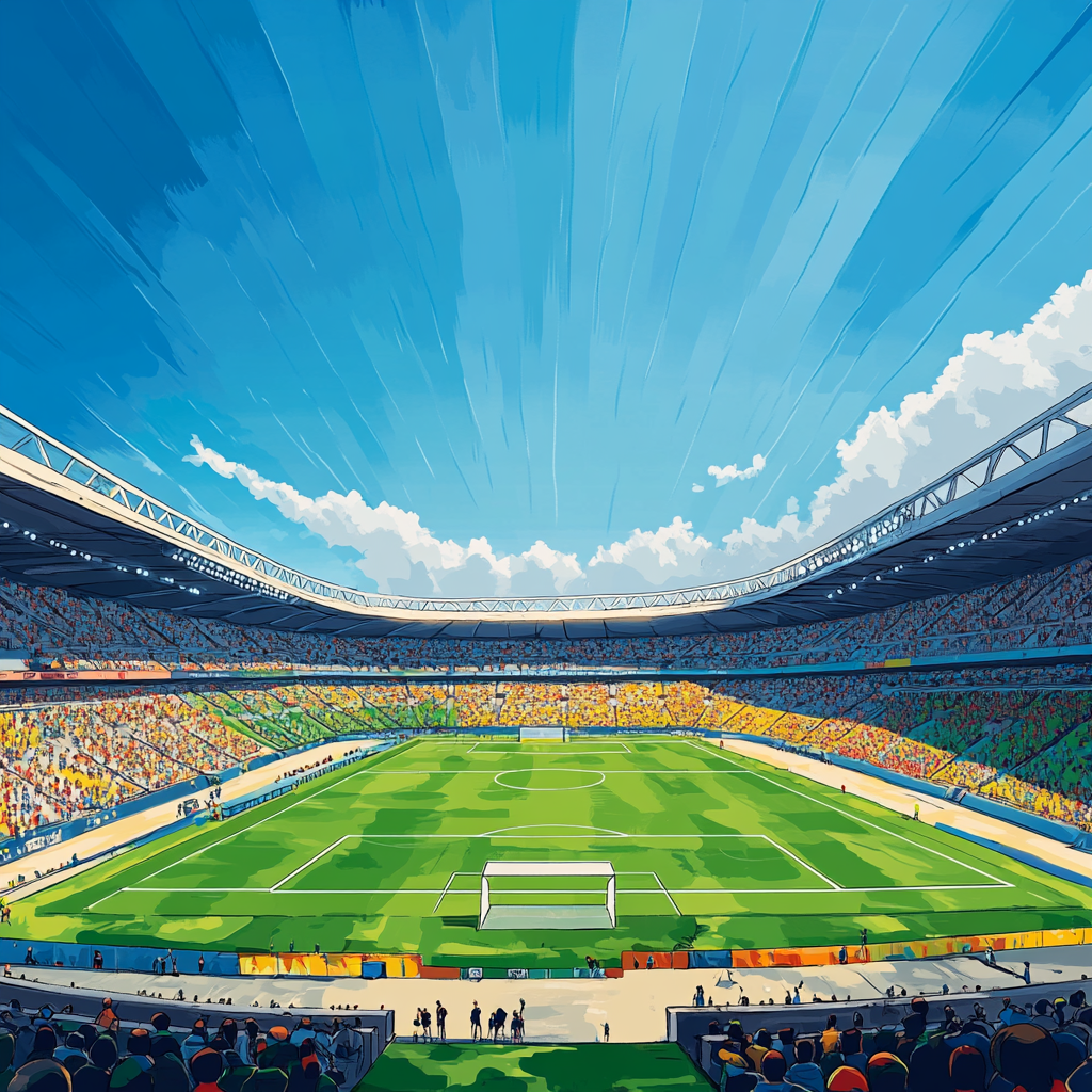 Energetic football stadium with bright blue sky, lively atmosphere.