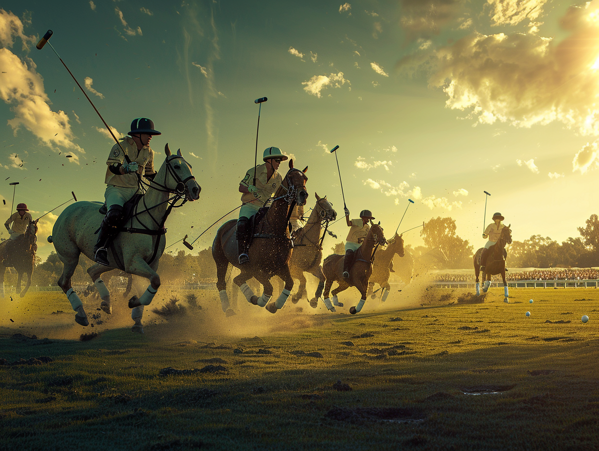 Energetic men's polo game with horses and players.