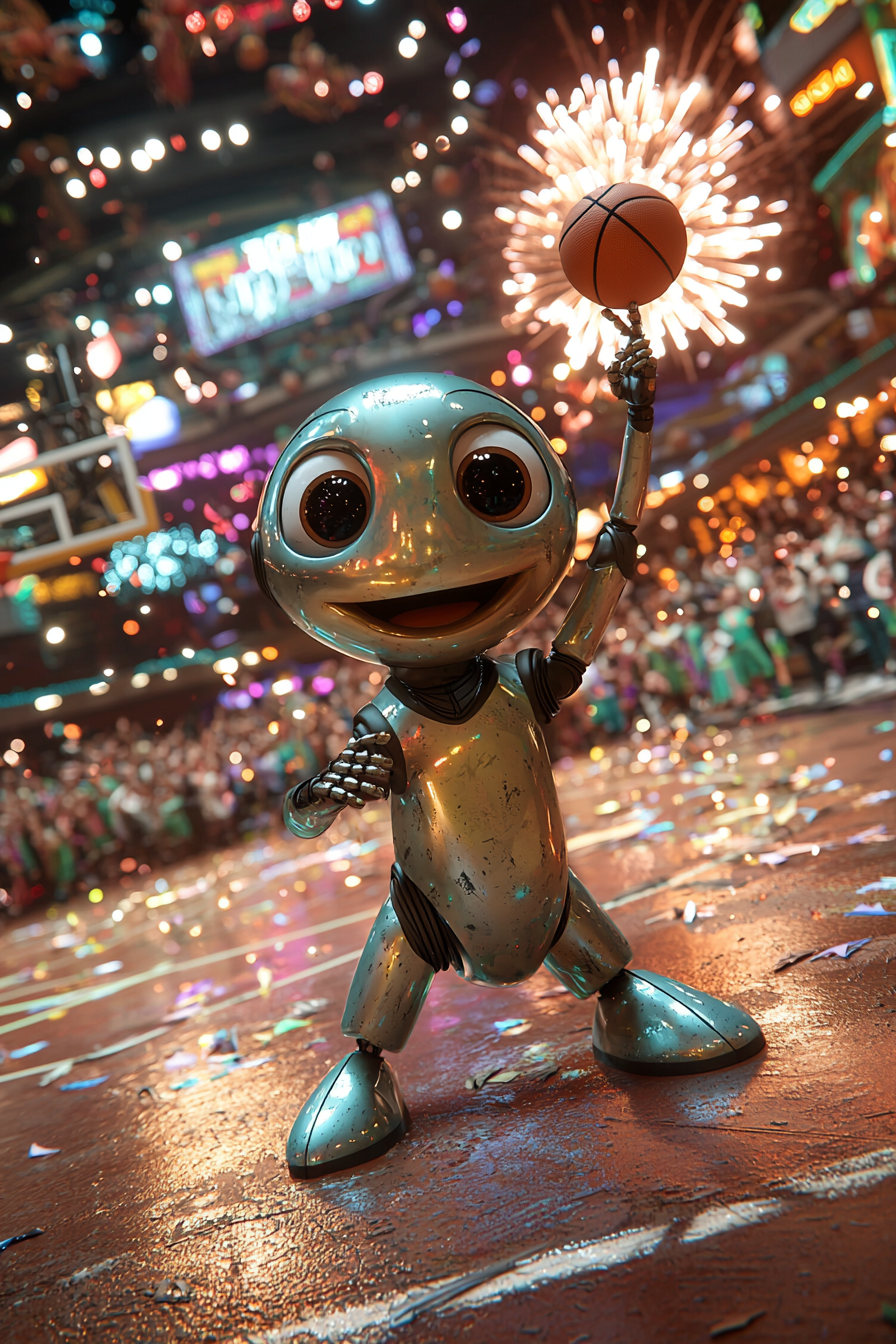 Energetic robot spinning basketball in vibrant, playful cartoon scene.