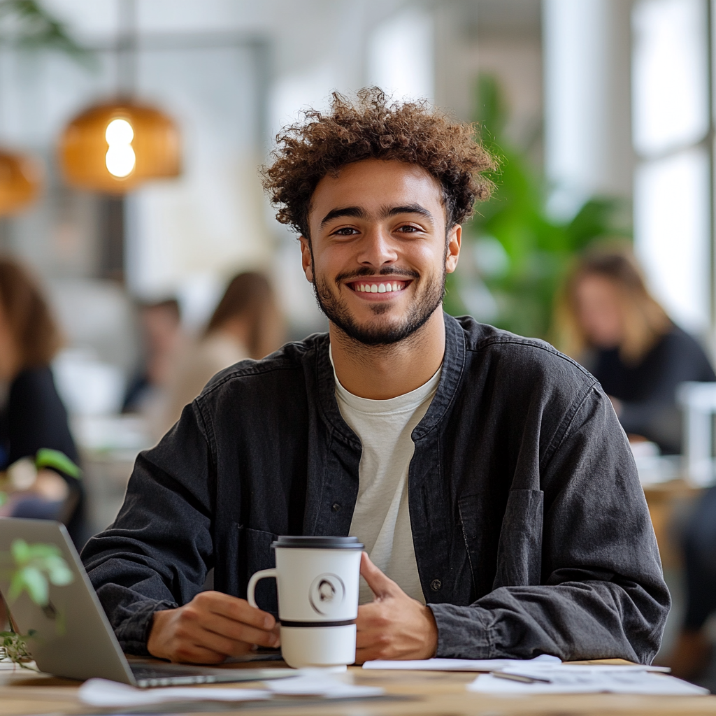 Energetic young man at tidy desk in bright office