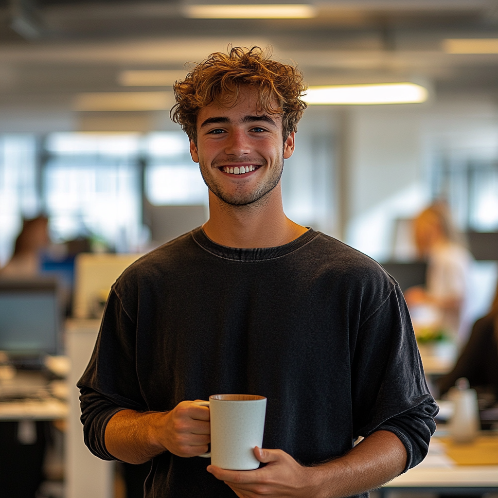 Energized young man at desk in bright office.