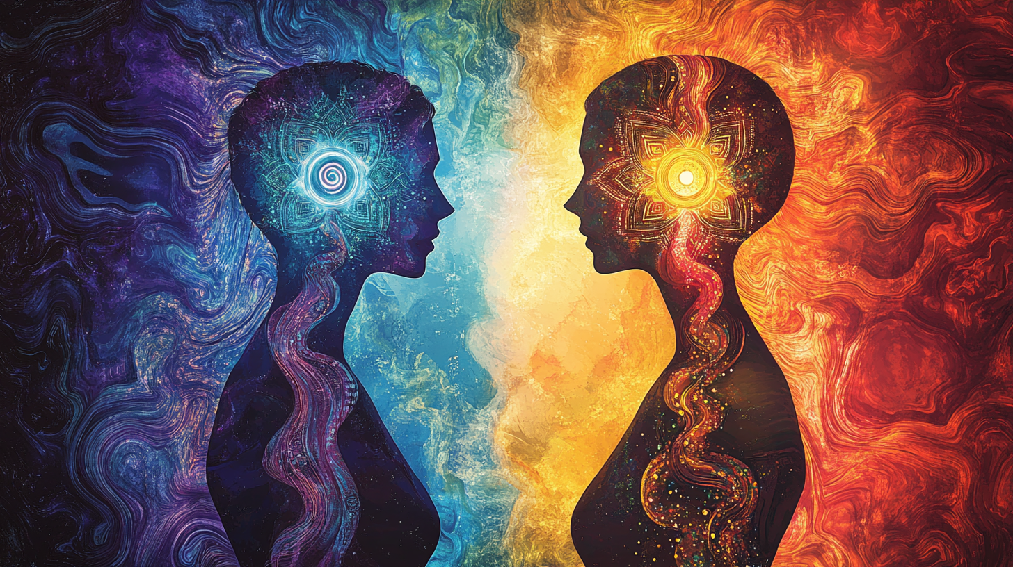 Energy transfer between male and female figures, chakras visible