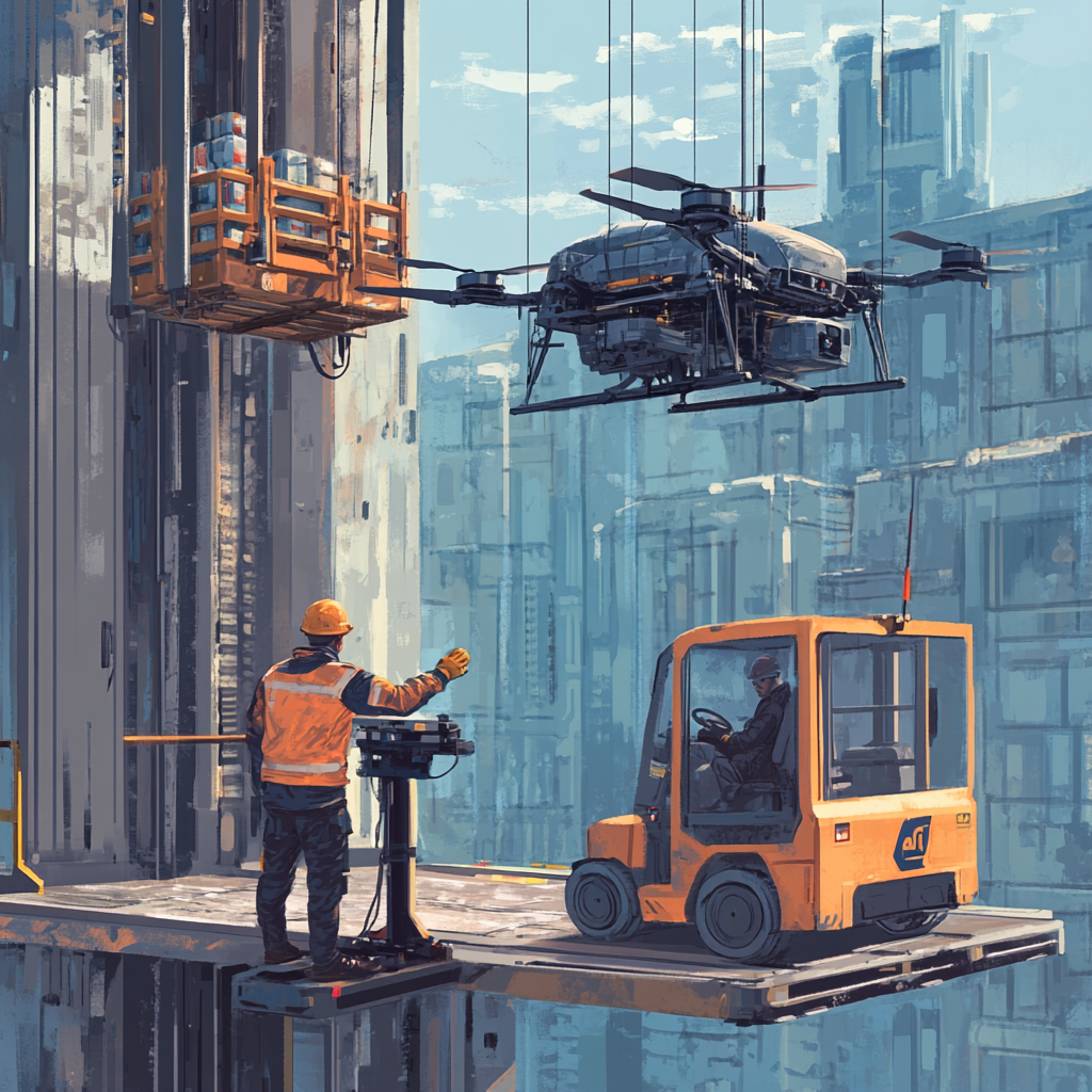 Engineer operates joystick, pallet truck, cargo drone on platform.