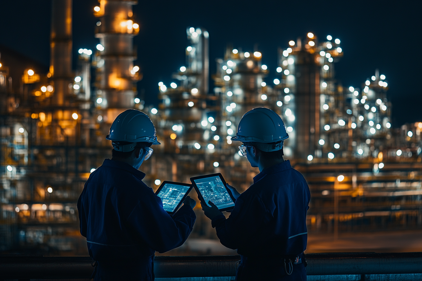 Engineers discuss oil project at illuminated plant at night.