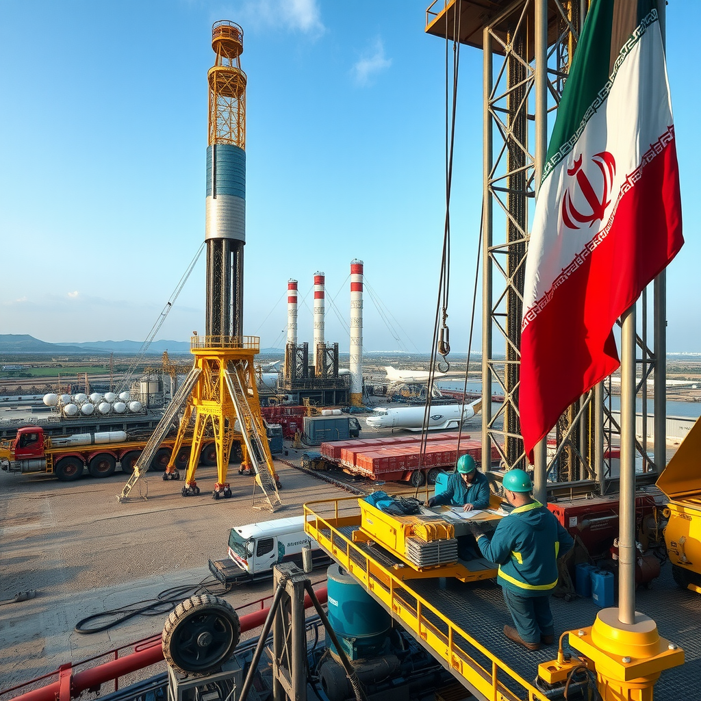 Engineers on advanced drilling rig near Iranian flag.