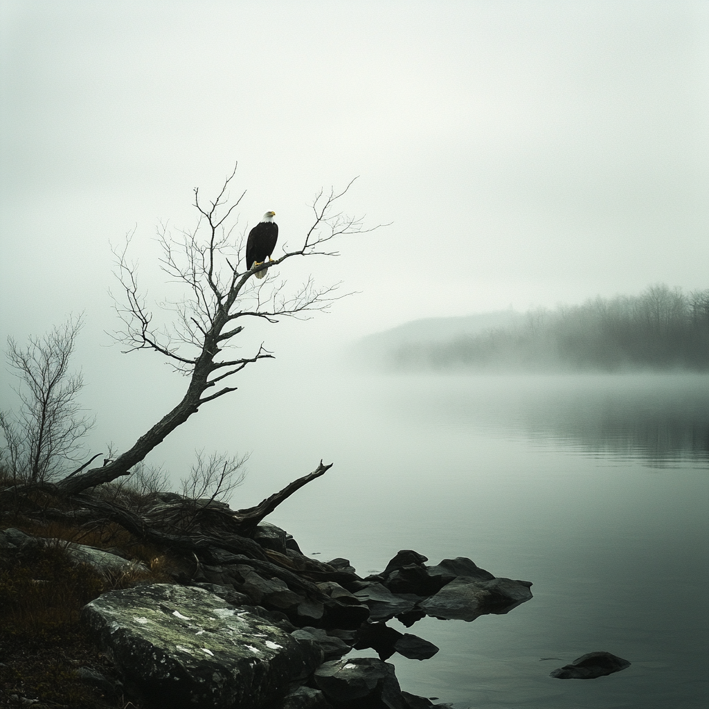 Enhanced misty lakeside photo with a perched eagle.