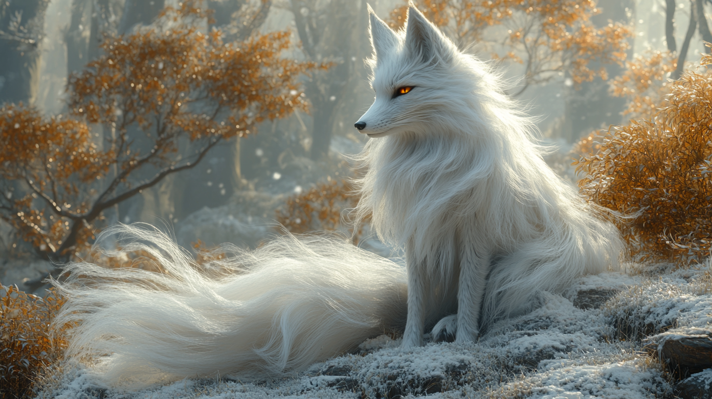 Enigmatic nine-tailed fox in serene snowy forest