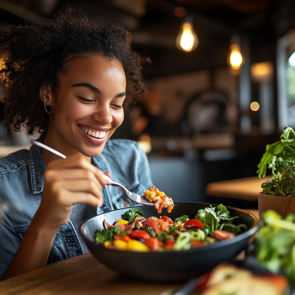 Enjoying a colorful, healthy meal with a smile.