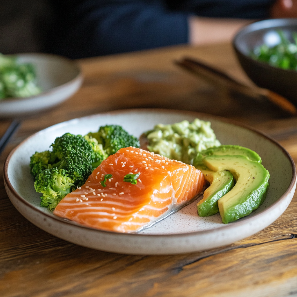 Enjoying first meal post-fast: salmon, broccoli, avocado. Smile.