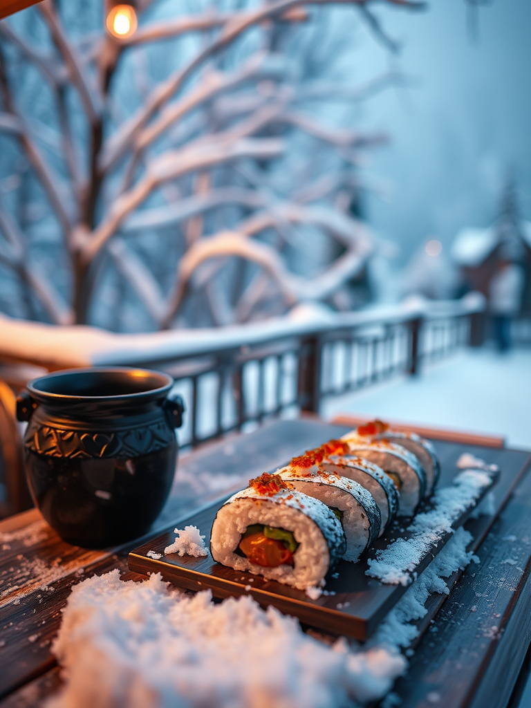 Enjoying sushi dinner outside in the snowy winter.