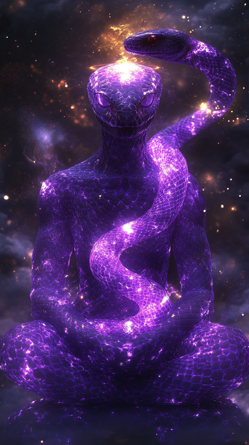 Enlightened Figure with Glowing Snake and Cosmic Energy