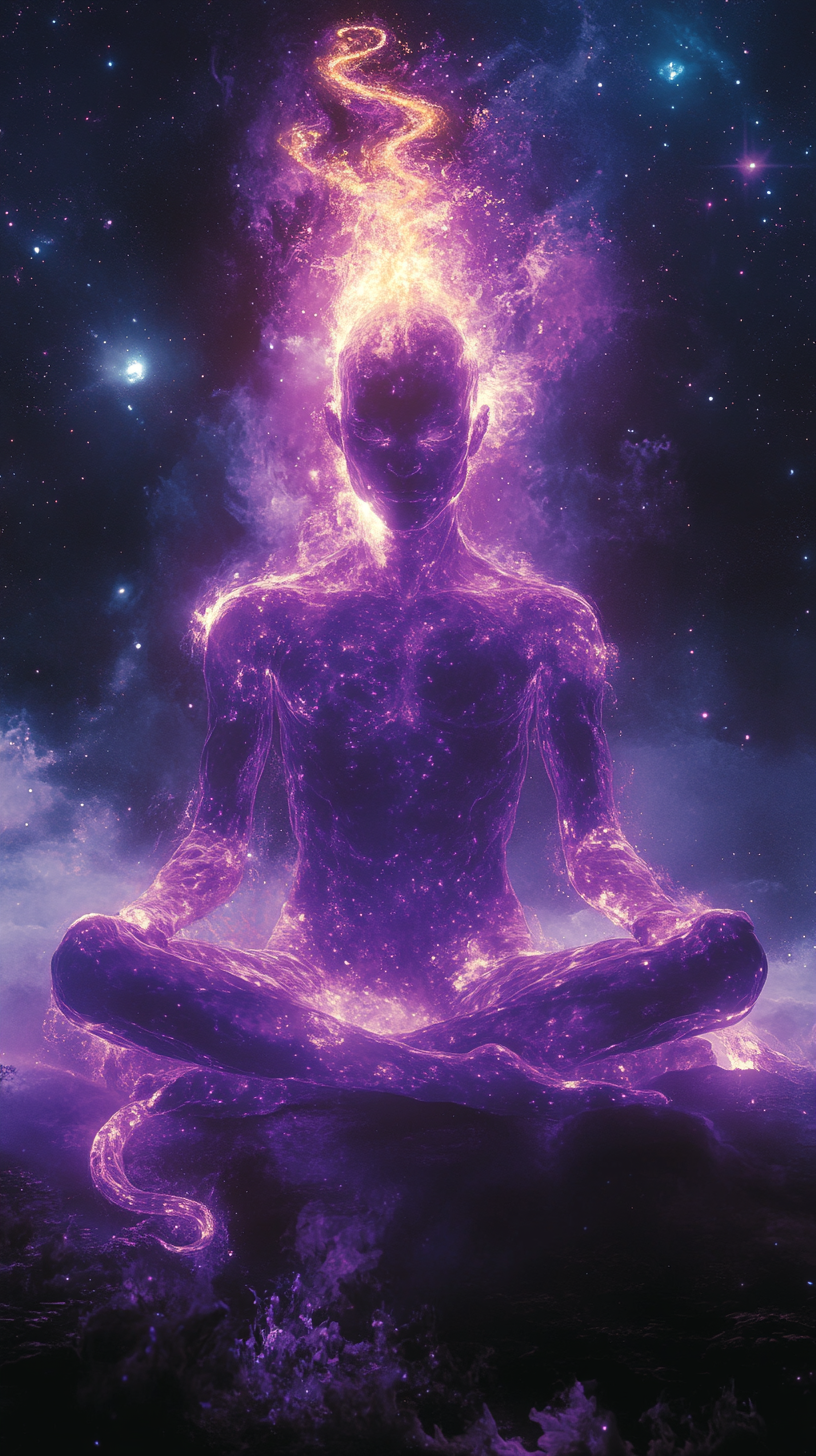 Enlightened figure with glowing snake in space meditation.