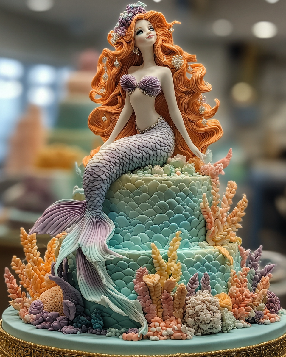 Enormous Fancy Mermaid Wedding Cake Displayed in Ballroom