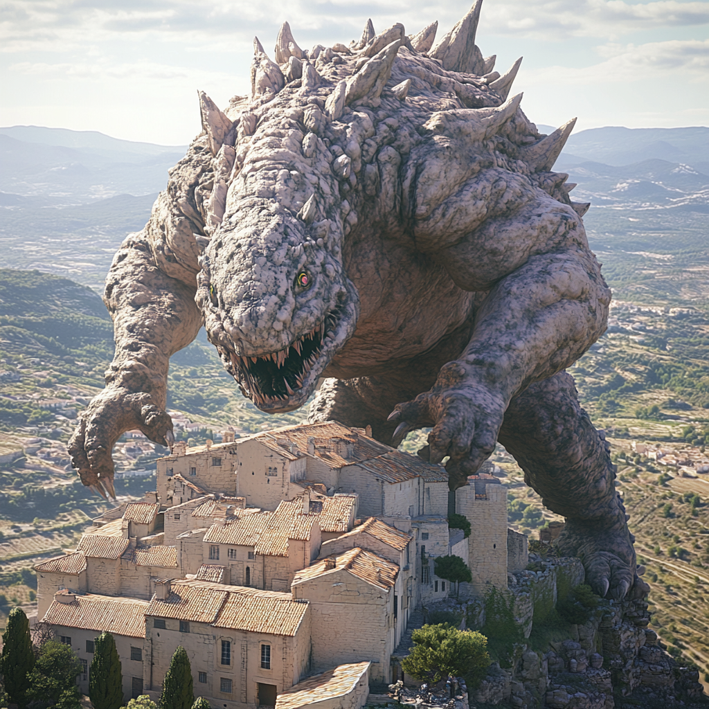 Enormous creature scaling Gordes in stylized Unity 3D graphics.