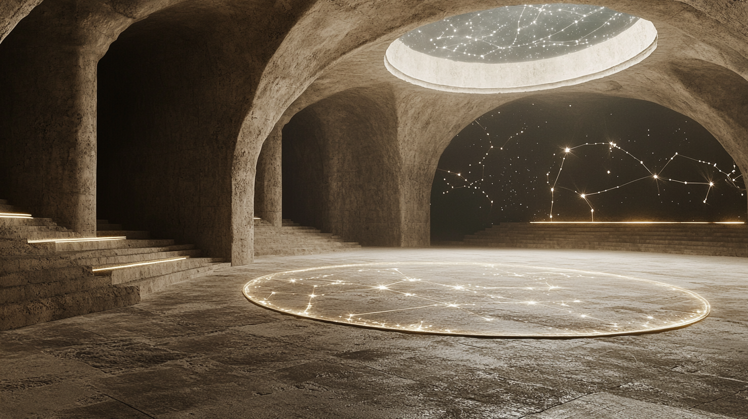 Enormous limestone room with sand-covered floor, star carvings.