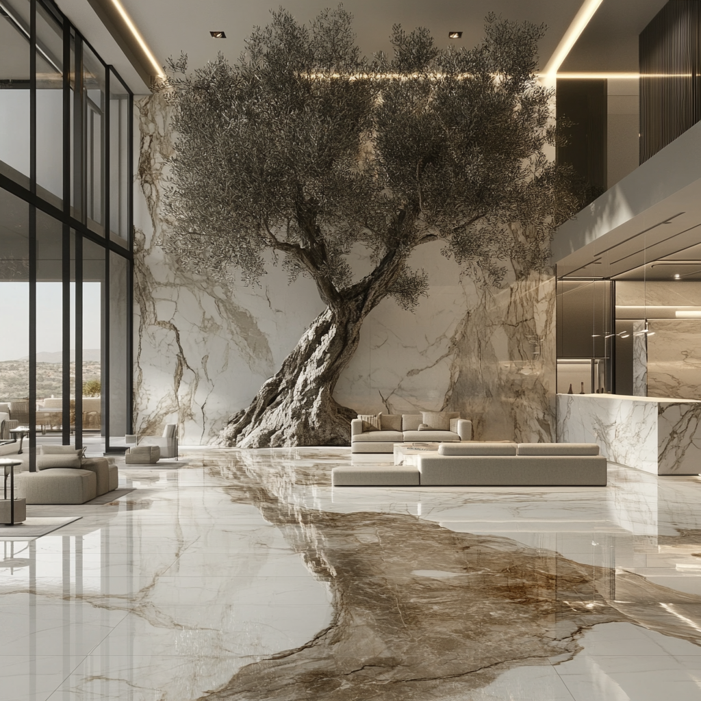 Entering furniture showroom through glass doors, big olive tree.