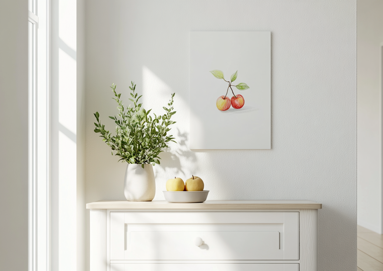 Entrance hall with child's painting on white dresser.