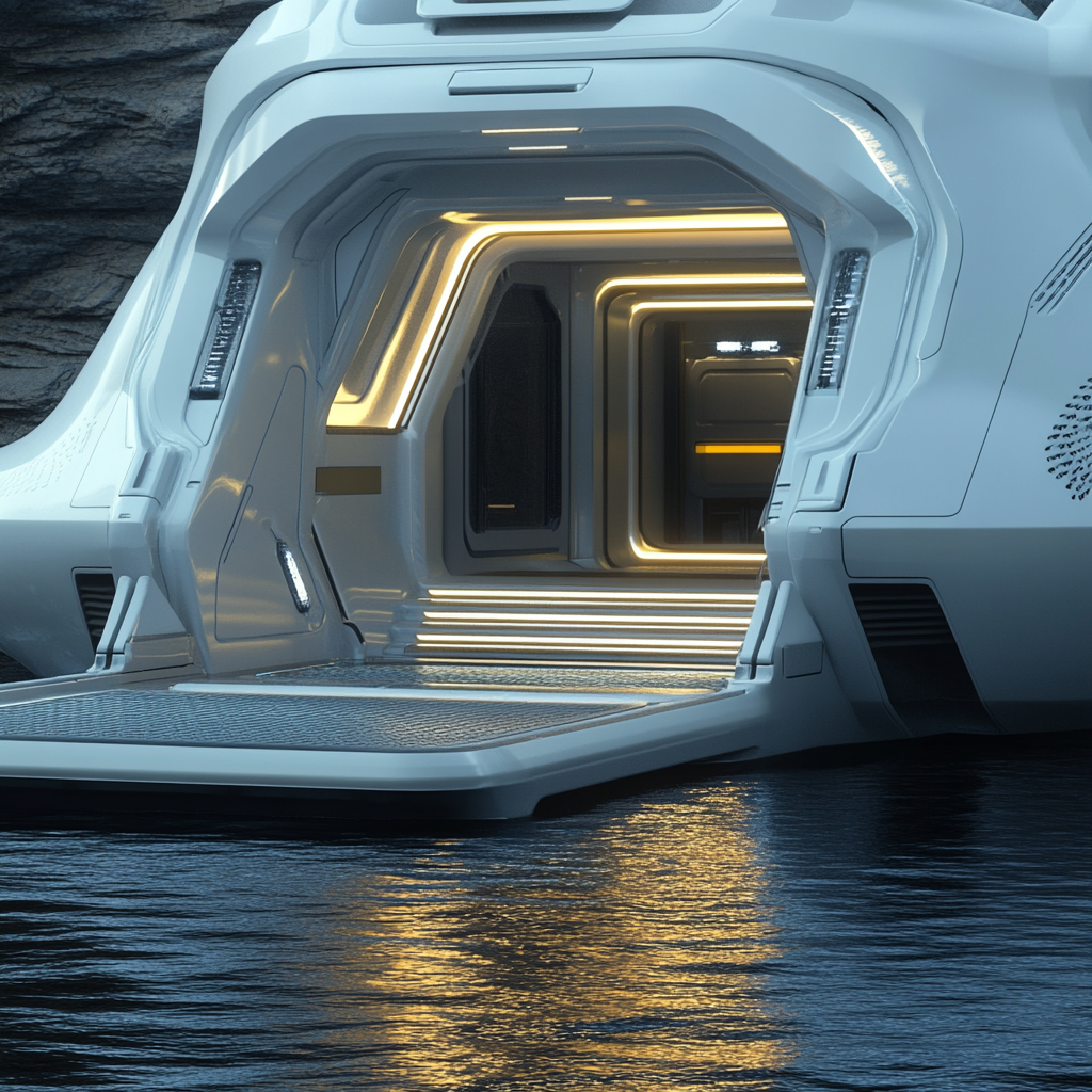 Entrance of a futuristic ship on water