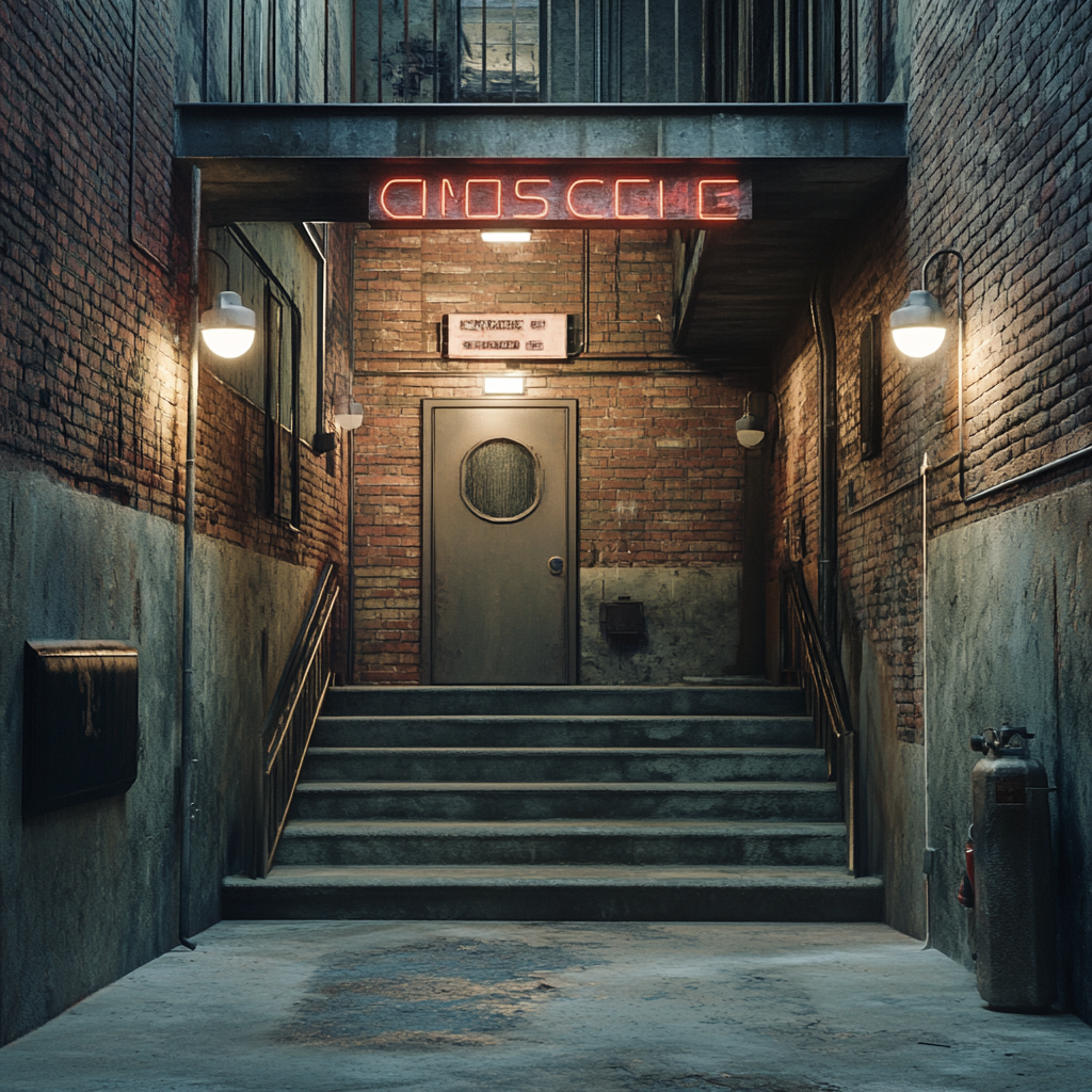 Entrance to hotel, concrete steps, metal door view