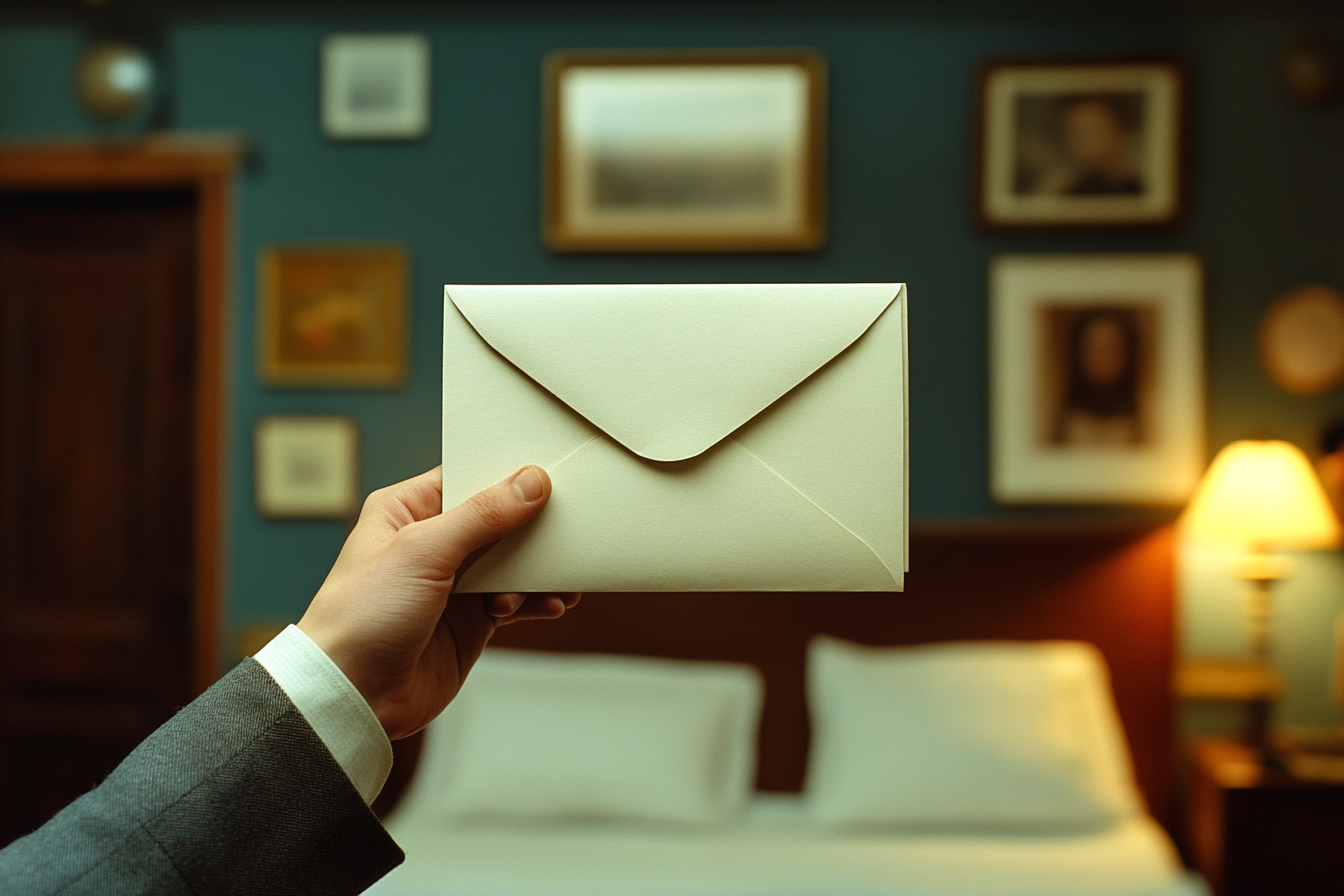 Envelope held by teenage boy in Wes Anderson style.