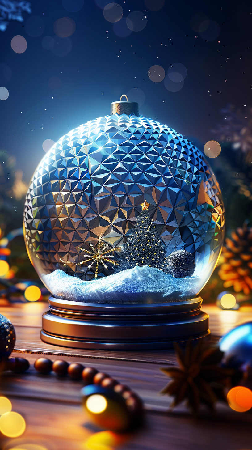 Epcot Snowglobe on Wood Table with Holiday Lights