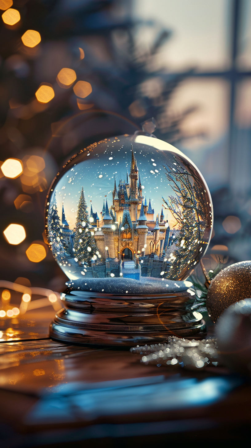 Epcot in snowglobe on table with holiday lights.