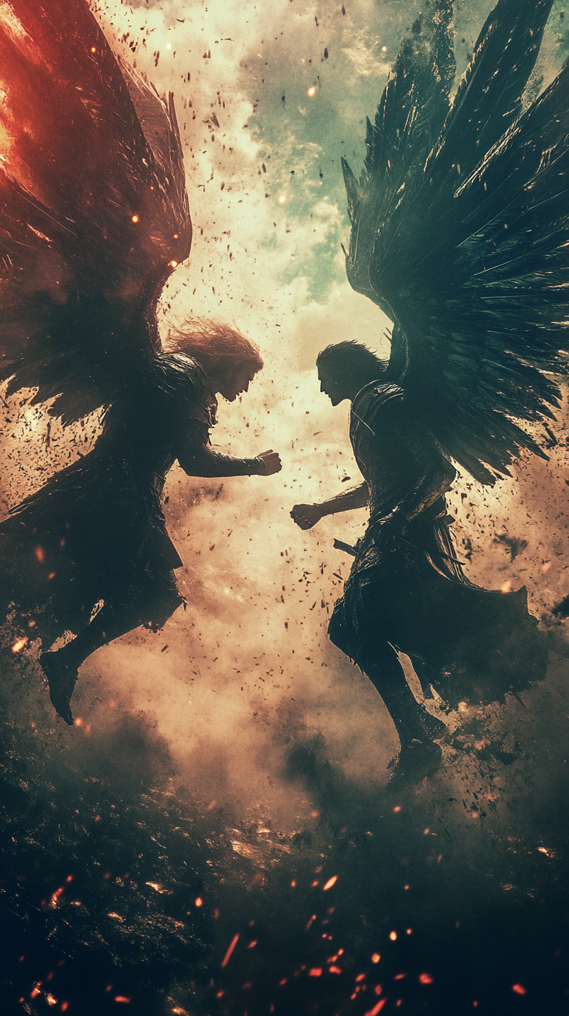 Epic battle: angels vs demons, energetic gestures, lo-fi aesthetics.