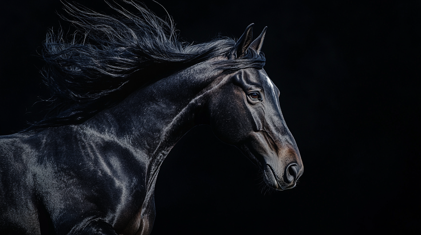 Epic hyperrealistic black horse flying photo, 32k UHD