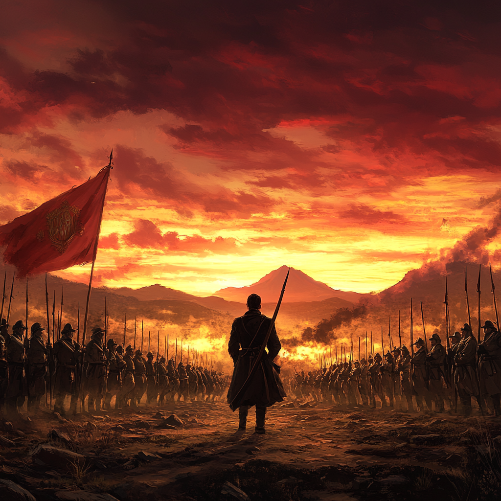 Epic scene with soldiers in formation, glowing sky, heroism.