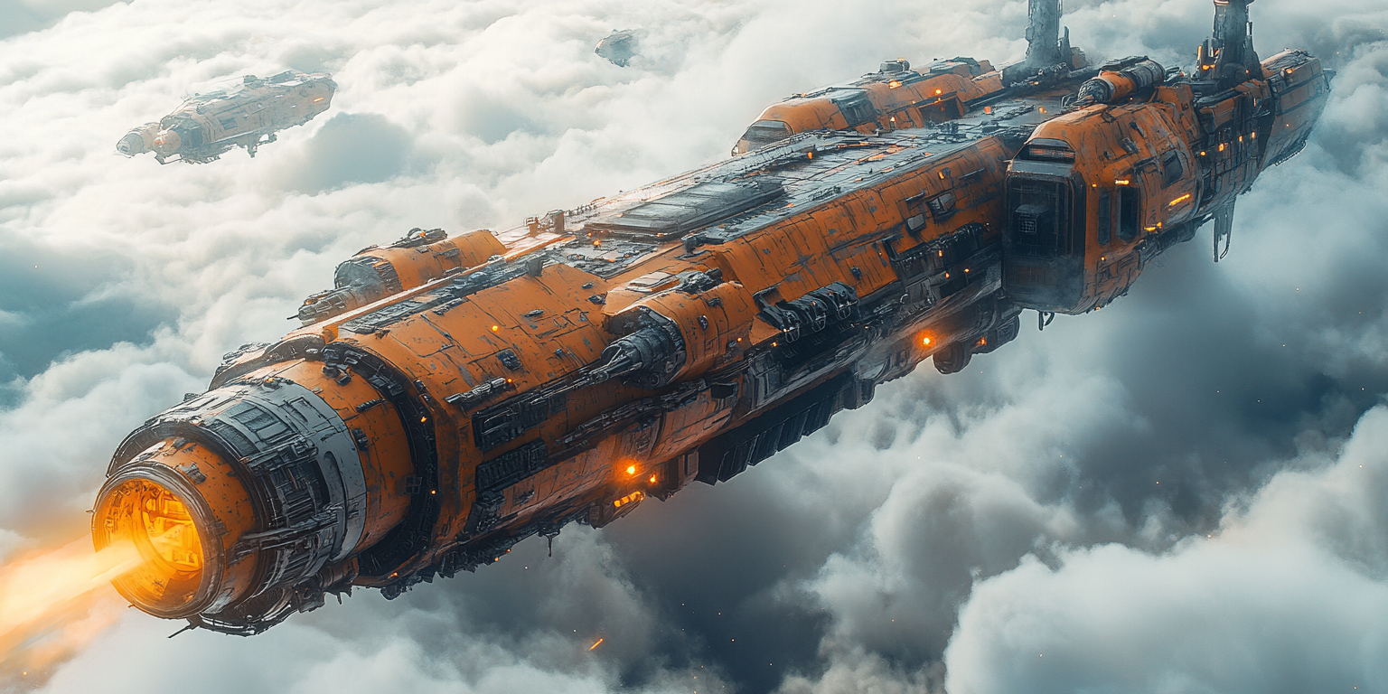 Epic sci-fi warfare with Corvette battleship, launching giant mechs.