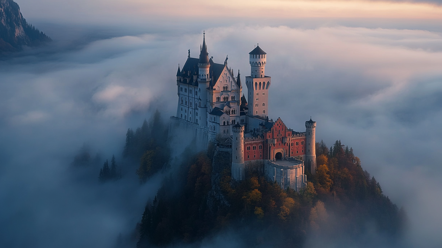 Ethereal German Castle in sea of clouds, Neuschwanstein Castle.