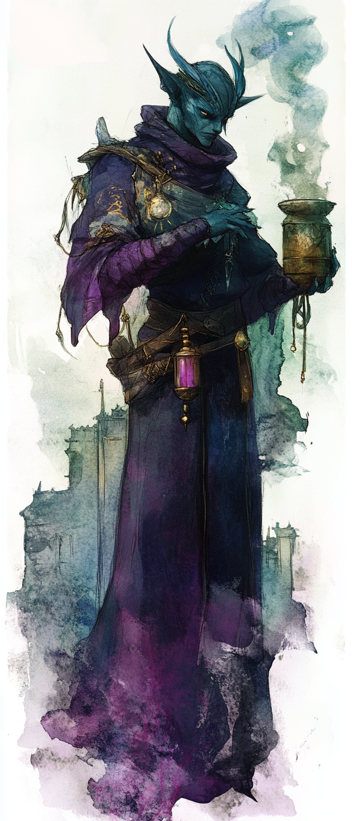 Ethereal Tiefling alchemist in Dark Fantasy watercolor art.