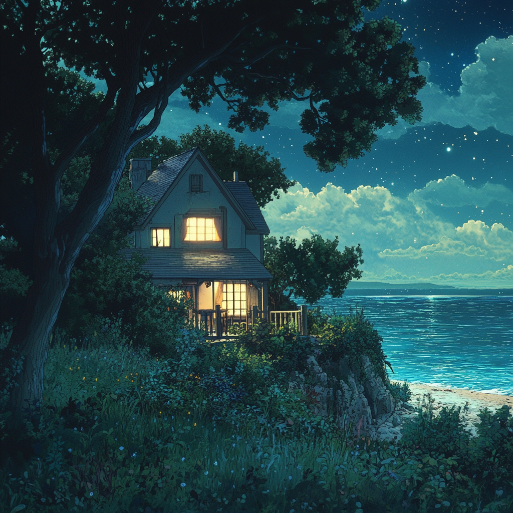 Ethereal beach house at night with ocean view.