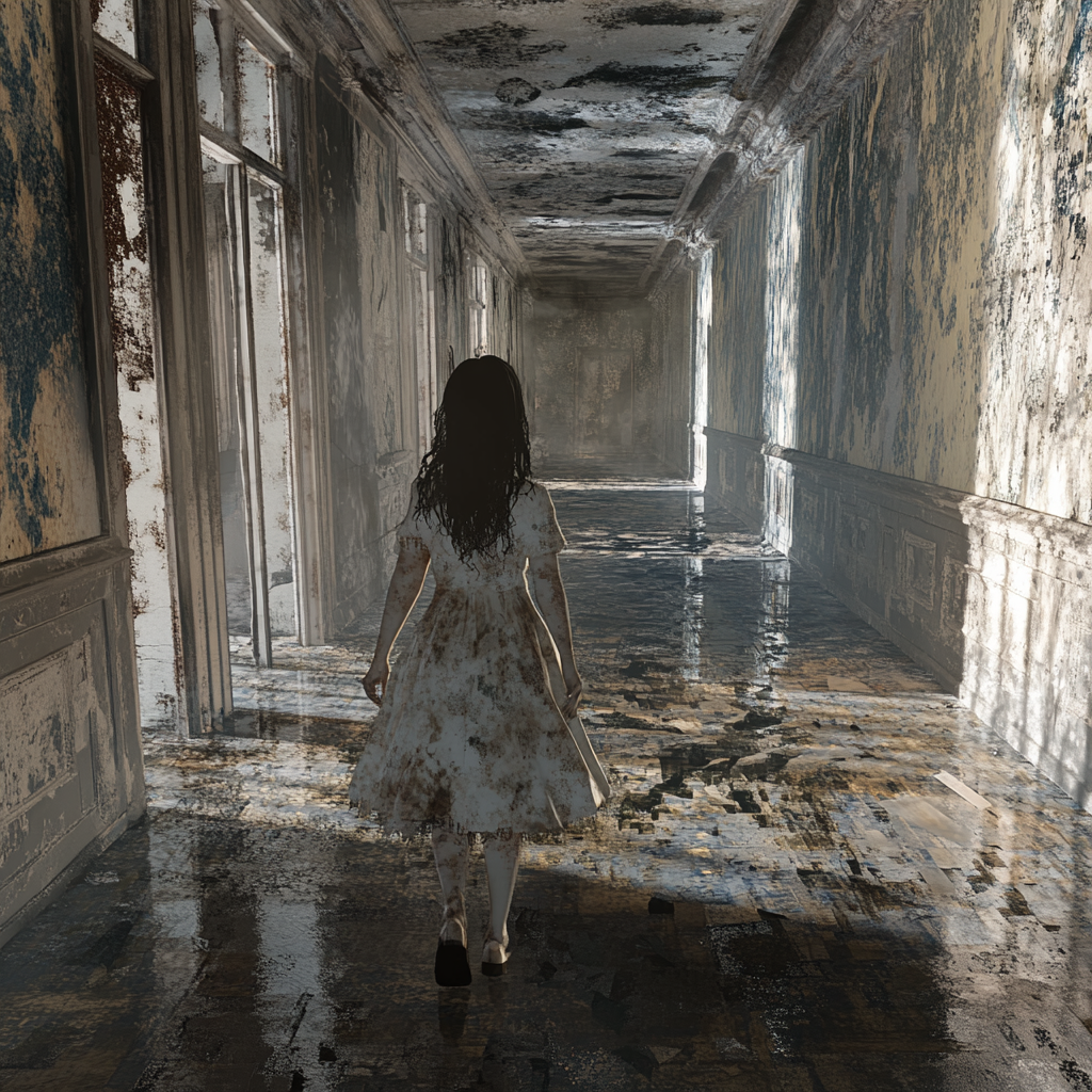 Ethereal child ghost in abandoned asylum, wandering sadly.