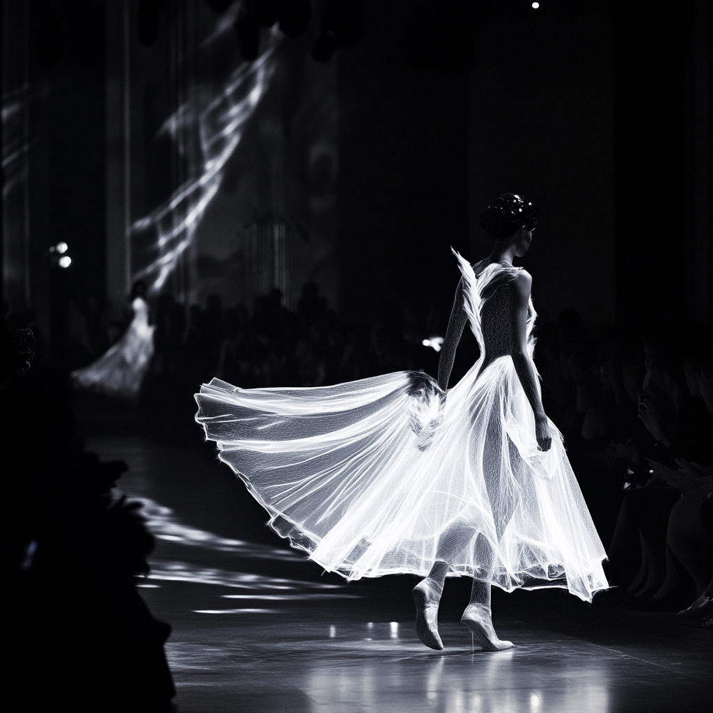 Ethereal fashion show features angelic model in motion.