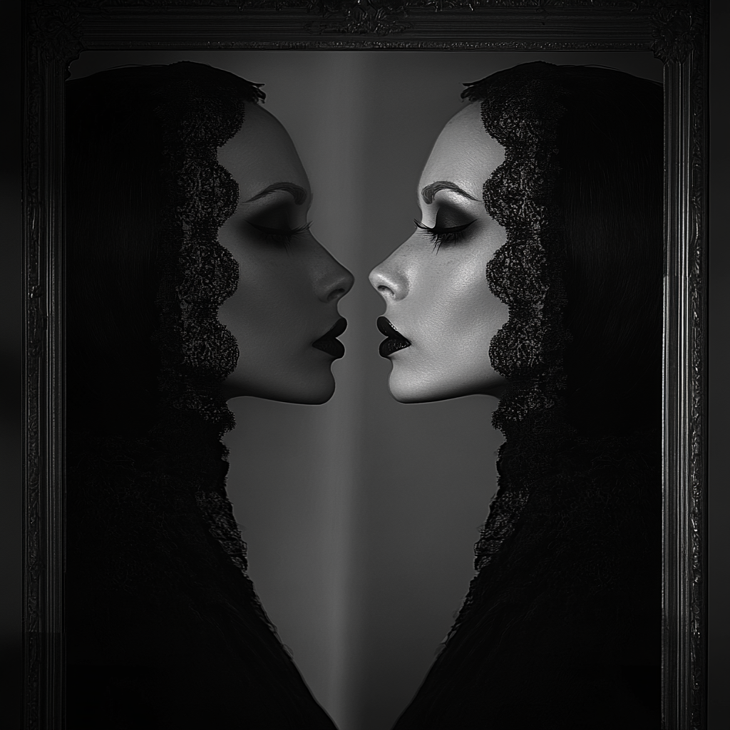 Ethereal female ghost in grayscale, reflecting in square mirror.