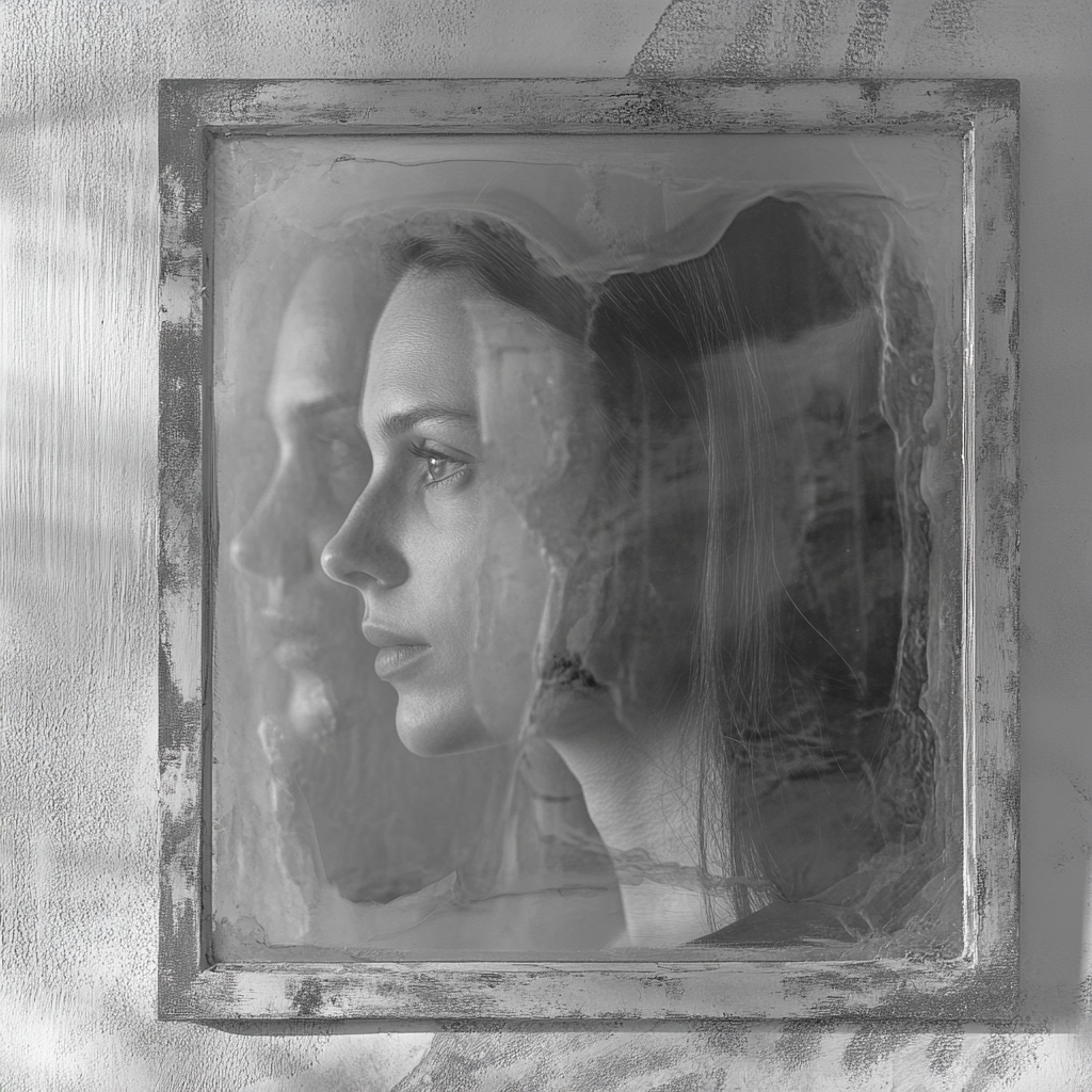 Ethereal female ghost reflected in square mirror frame.