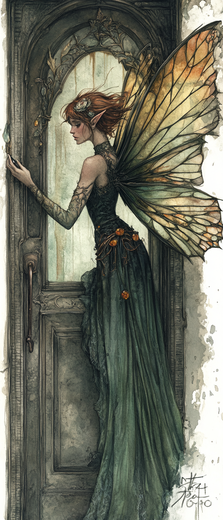 Ethereal female rogue picks door lock, insect wings, eerie.