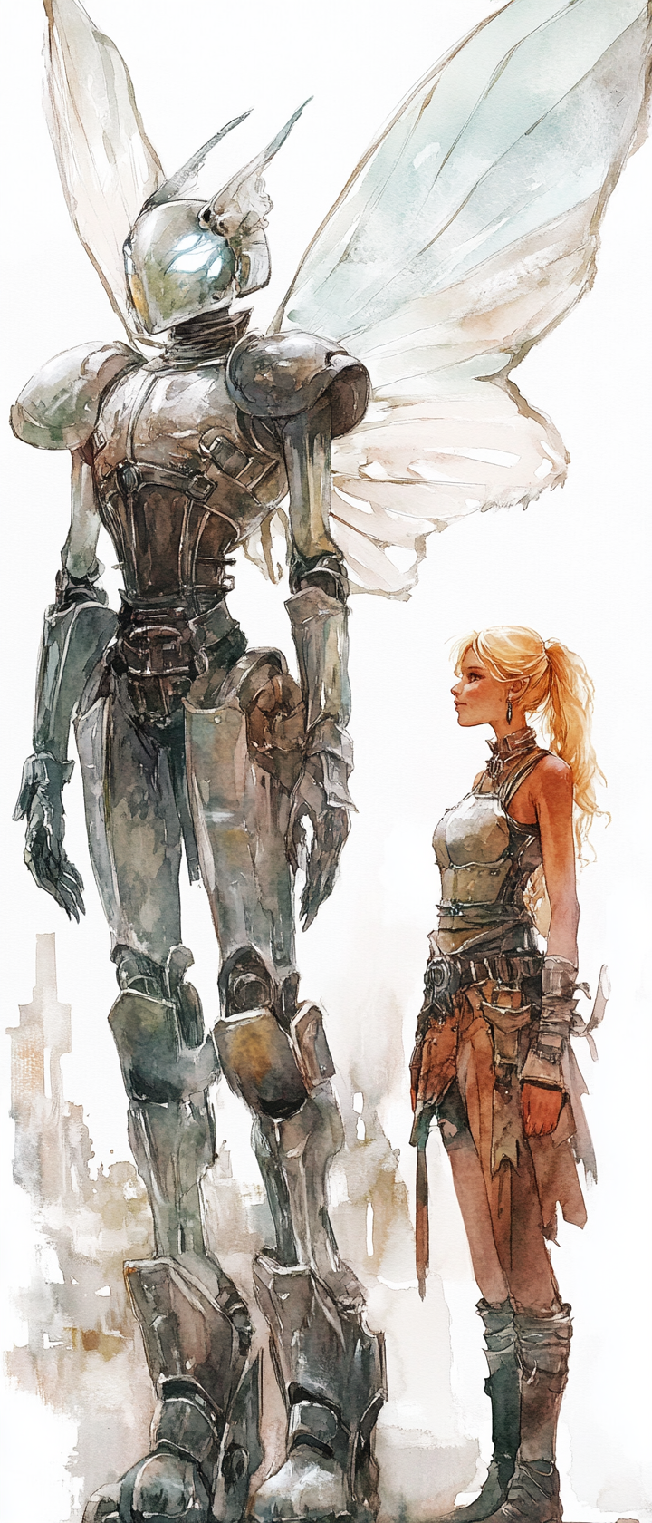 Ethereal fey standing with metal golem in city.