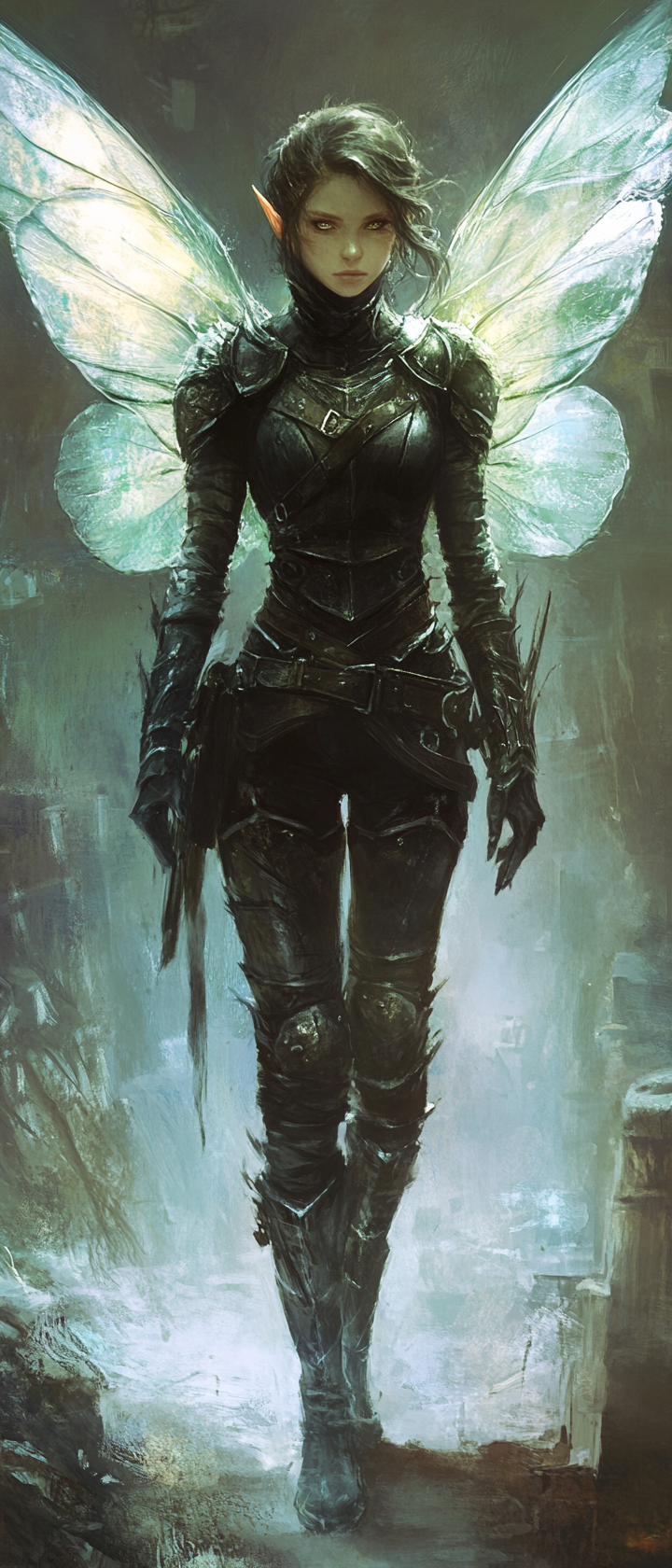 Ethereal fey tinker in leather armor, bug wings folded.