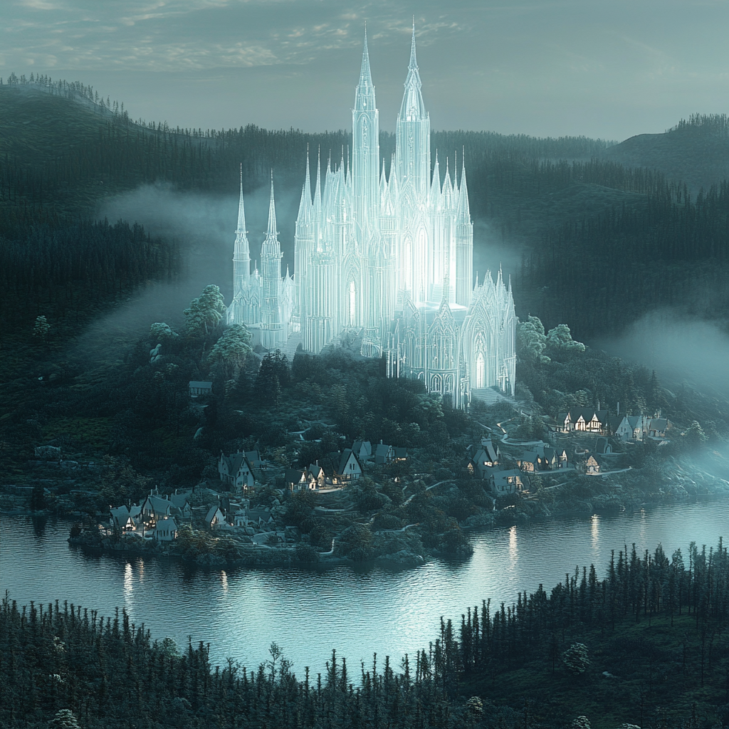 Ethereal fiber optic castle on hill in misty forest.