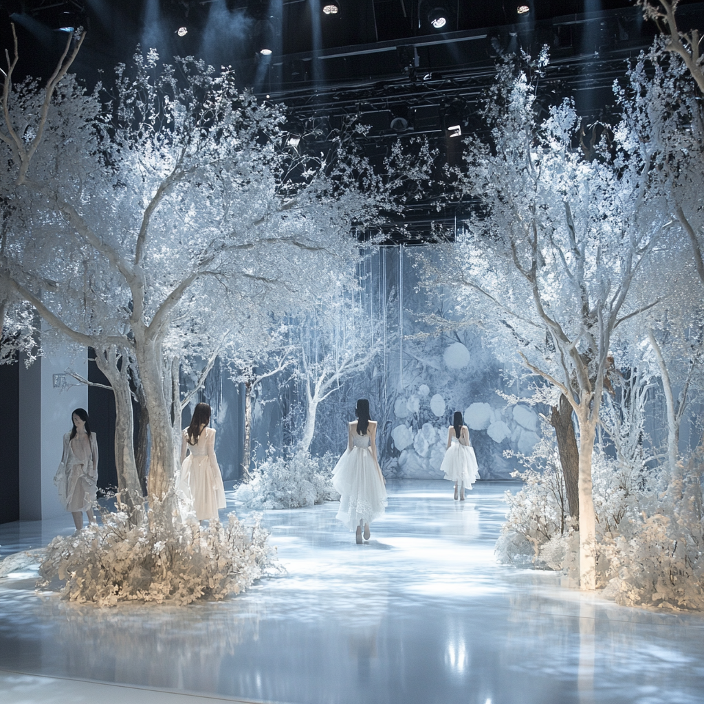 Ethereal forest runway with white trees, flowers, and lights.