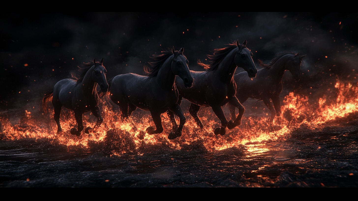 Ethereal horses running on fiery surface, dreamy and intense.