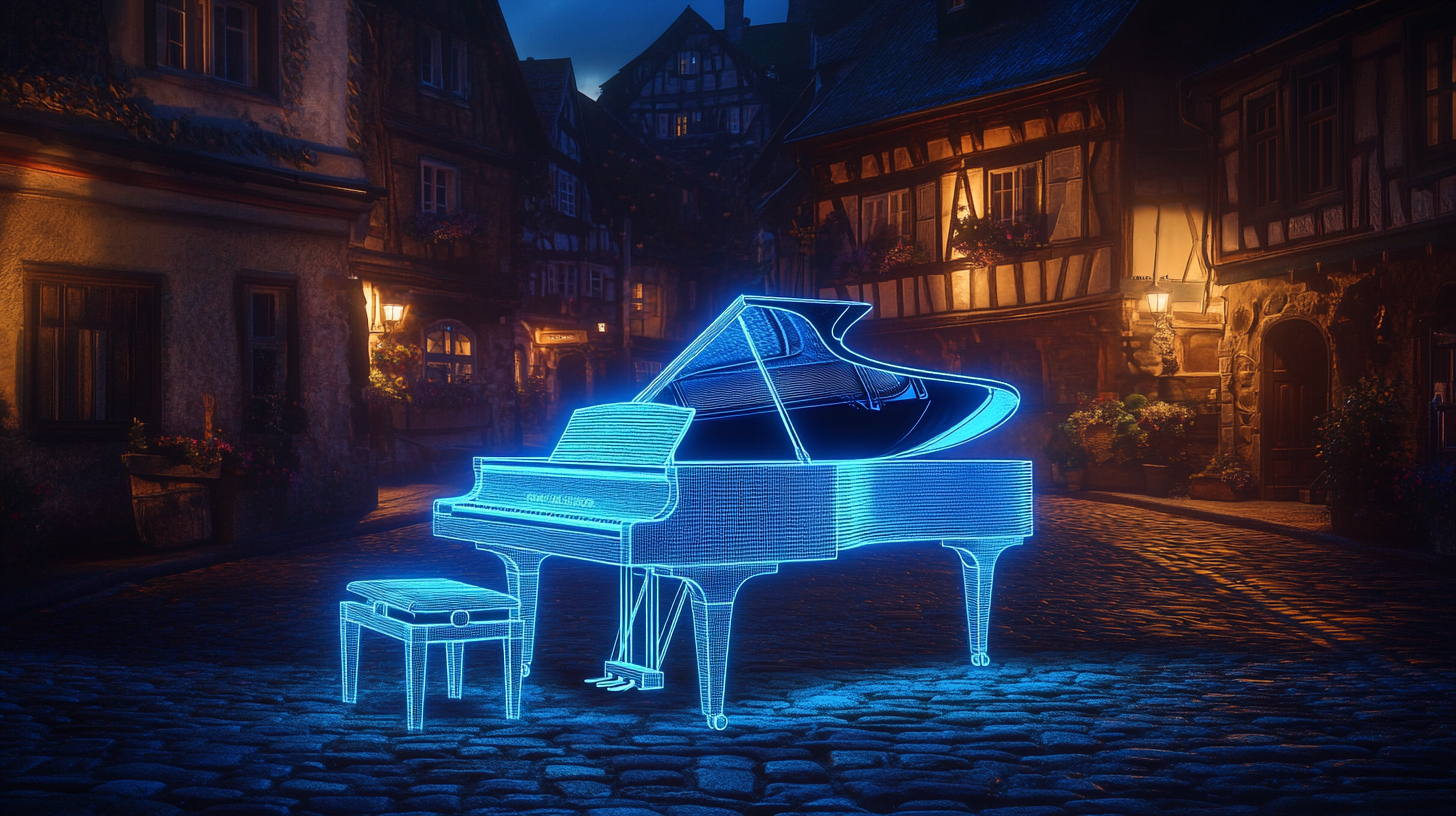 Ethereal image of electric neon grand piano.