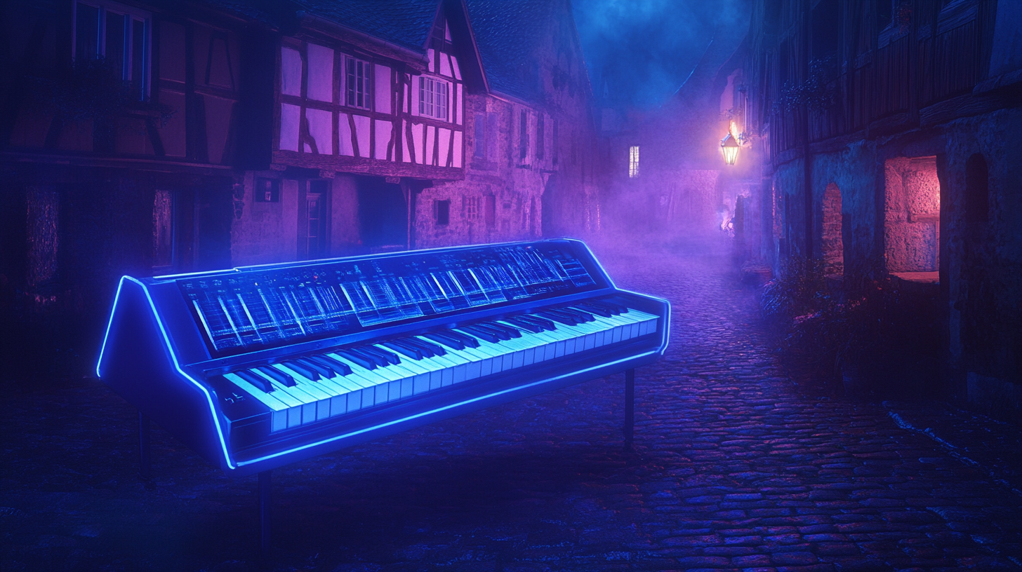 Ethereal image of neon piano in German village square.