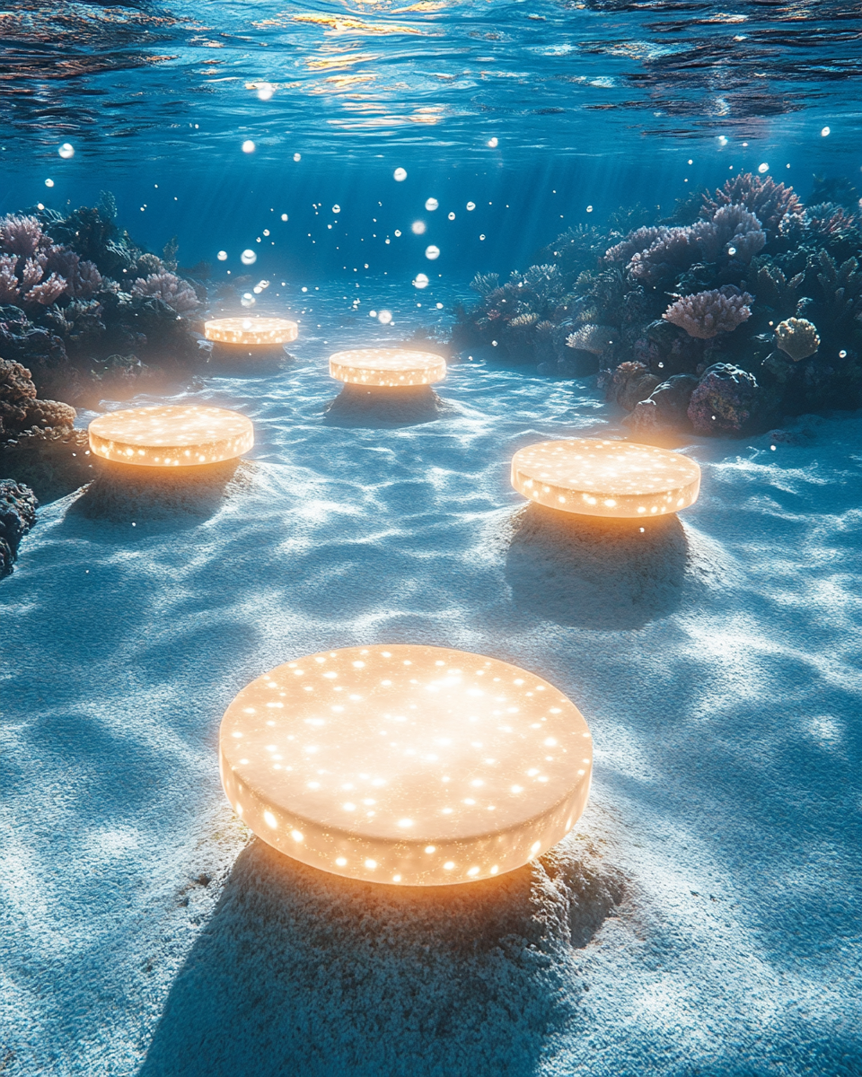 Ethereal light patterns dance in serene underwater world.