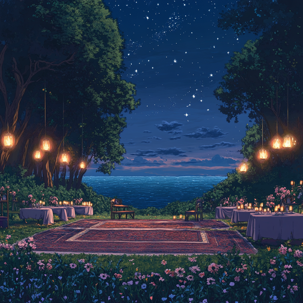 Ethereal night party by ocean, candles, flowers, stars.