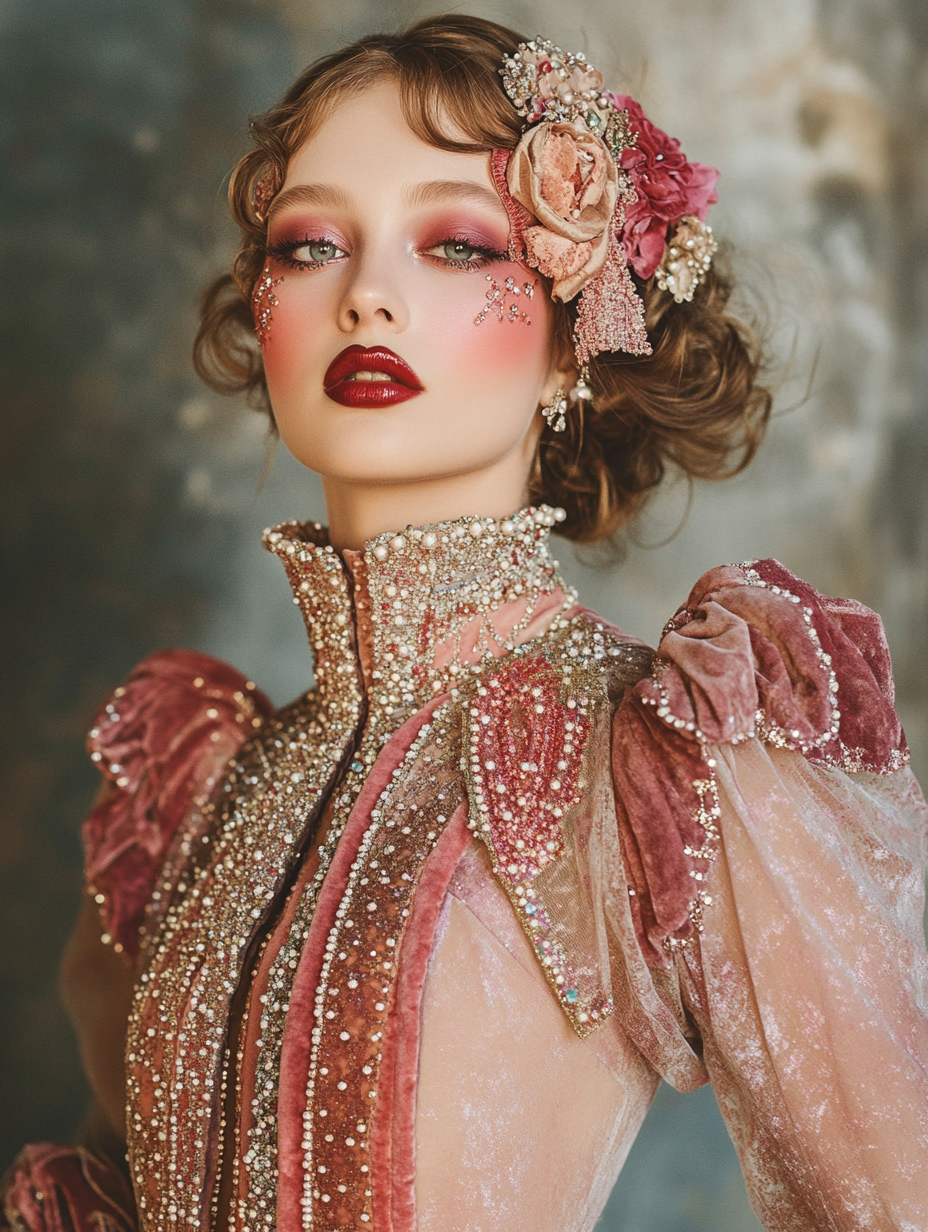 Ethereal young woman in vintage couture clown costume.