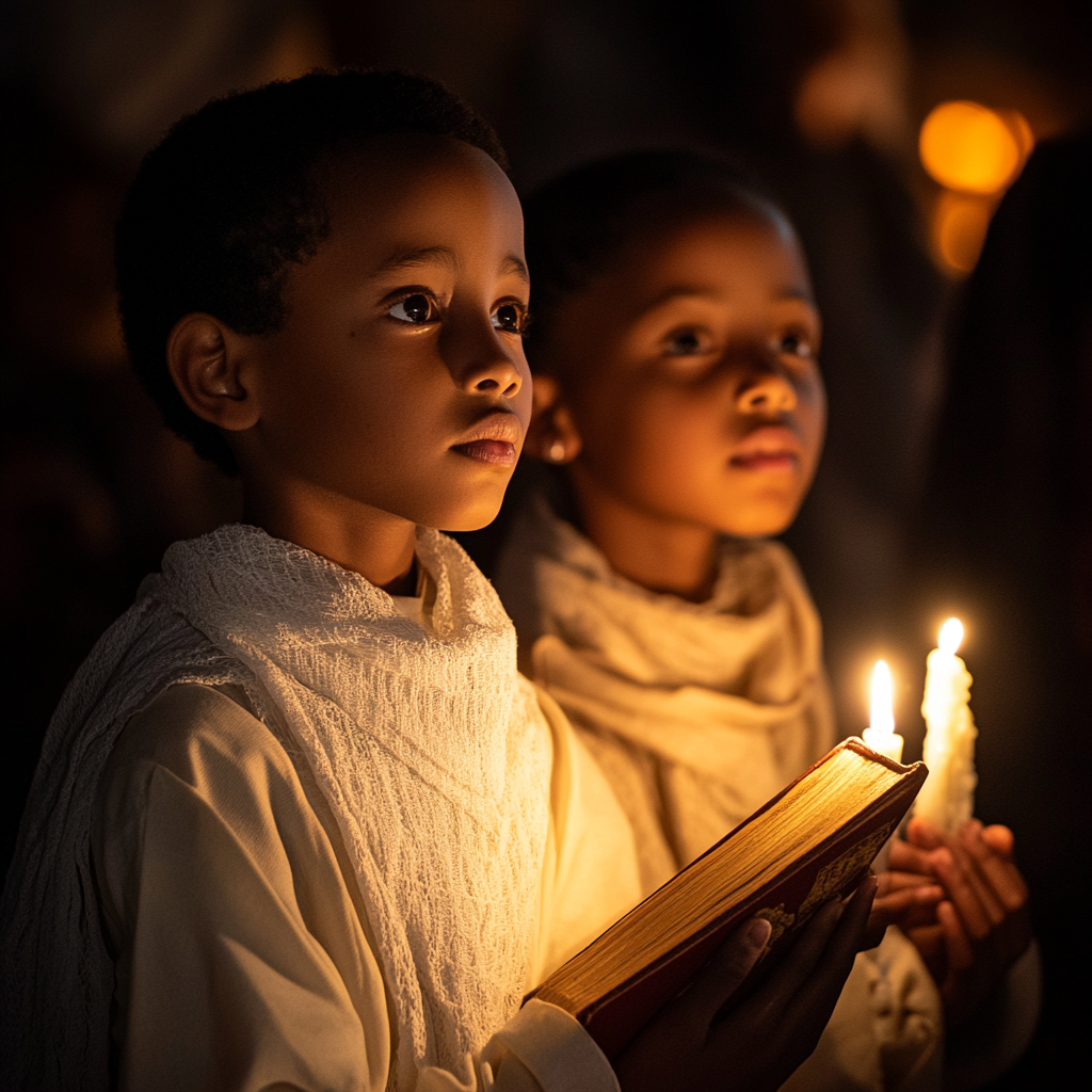 Ethiopian Christian Sunday School Students Praying in Church